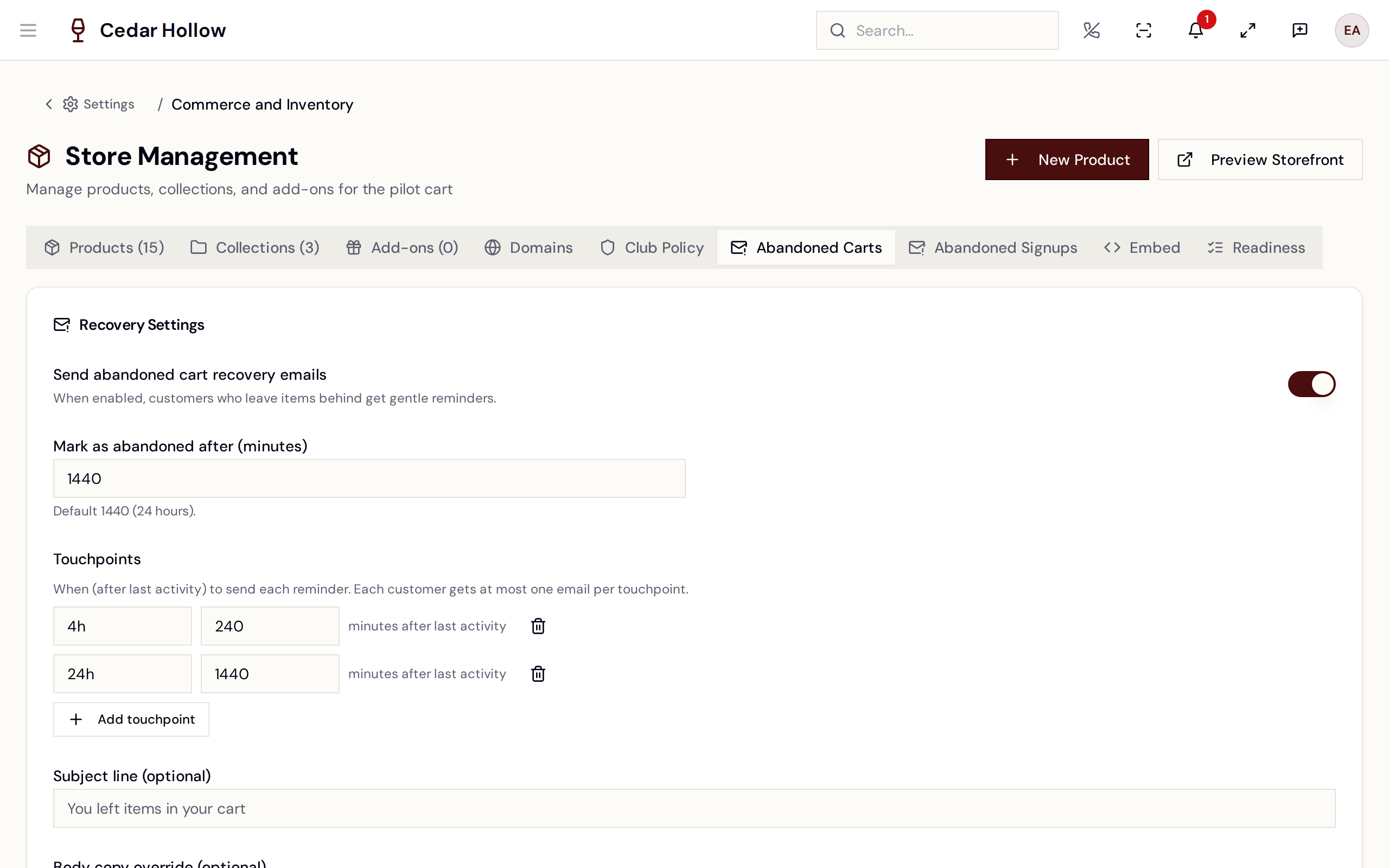 Abandoned Carts — recovery settings and the recovery report.