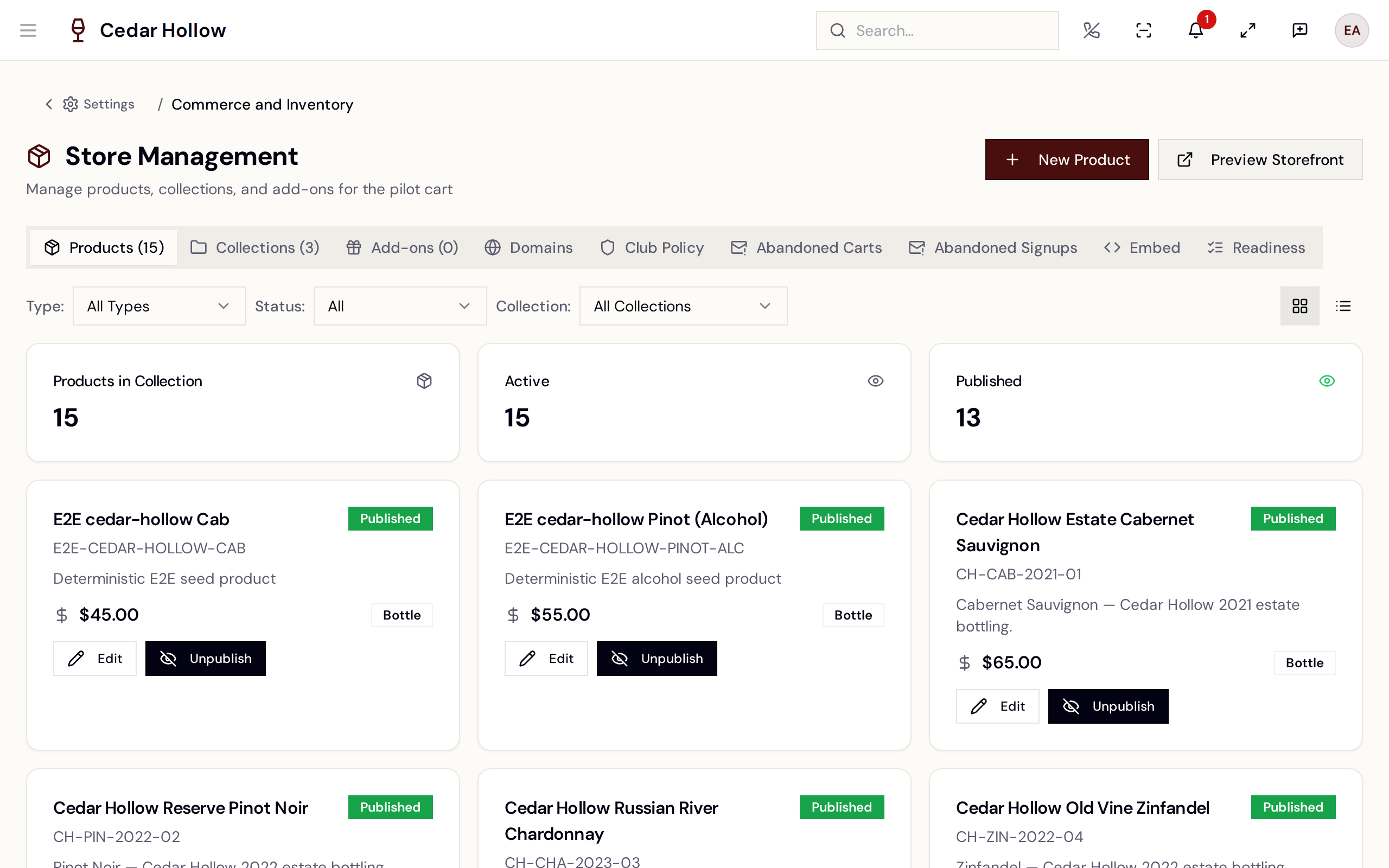 Store Management — the storefront admin tabs.