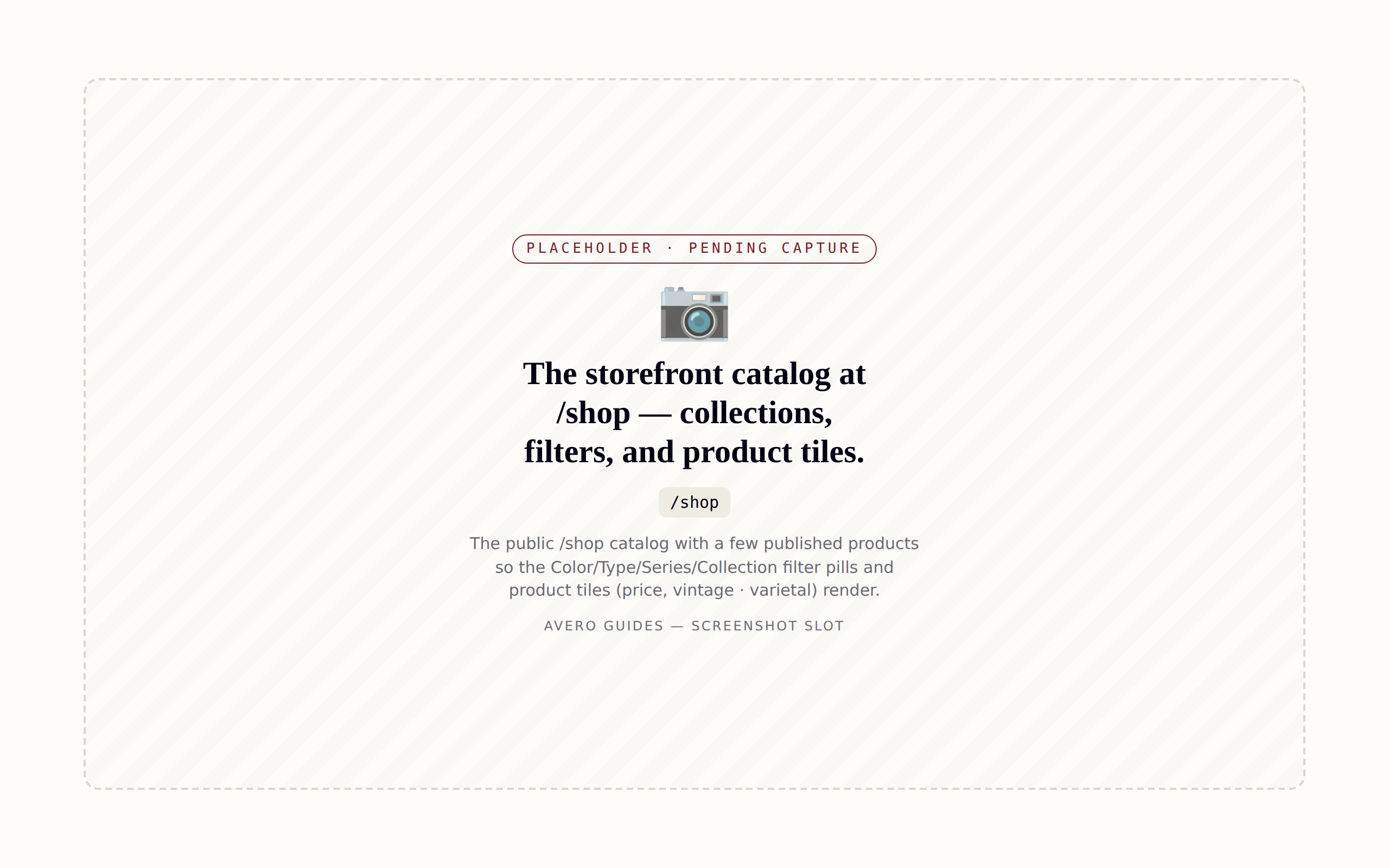 The storefront catalog at /shop — collections, filters, and product tiles.
