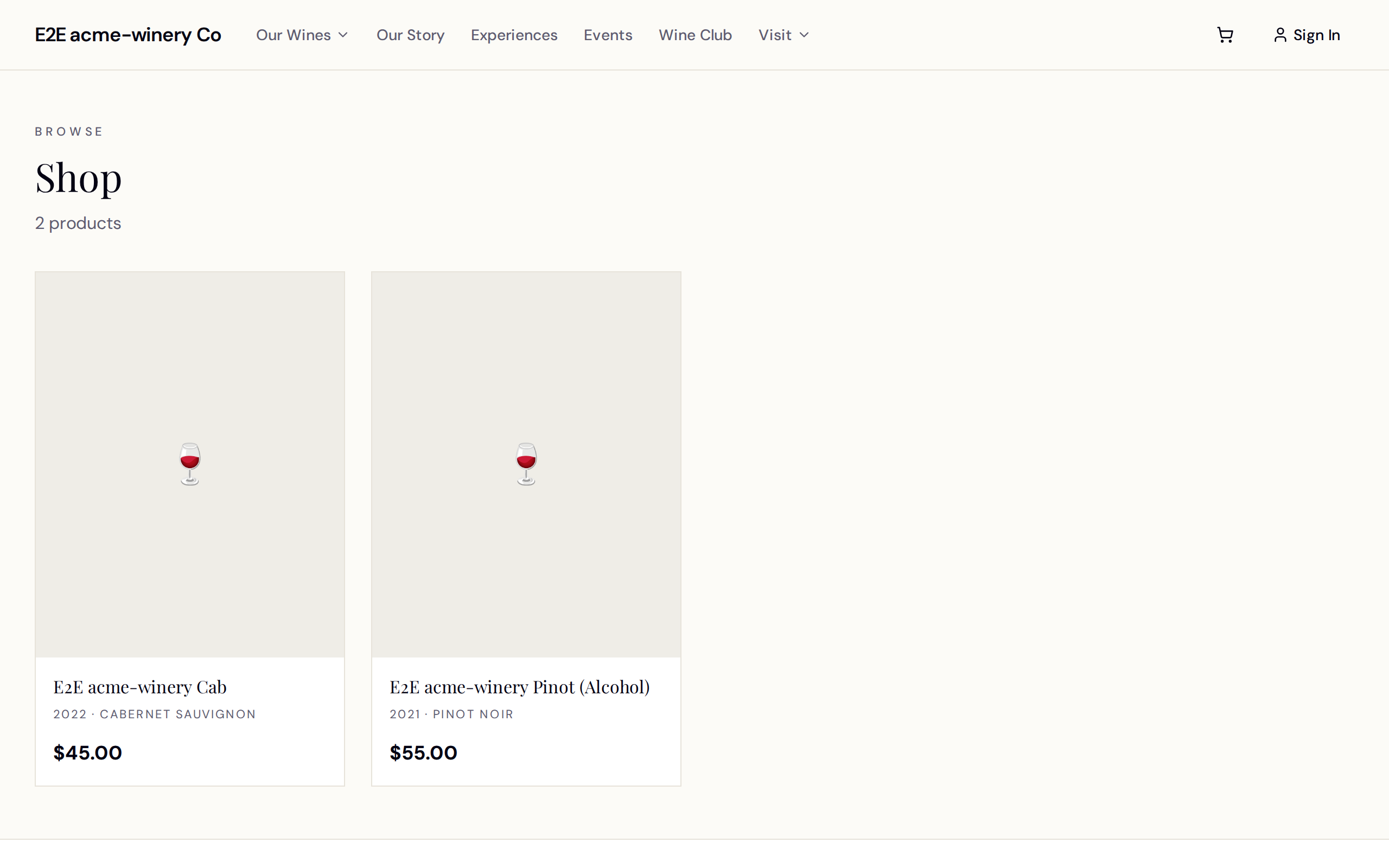 The storefront catalog at /shop — collections, filters, and product tiles.