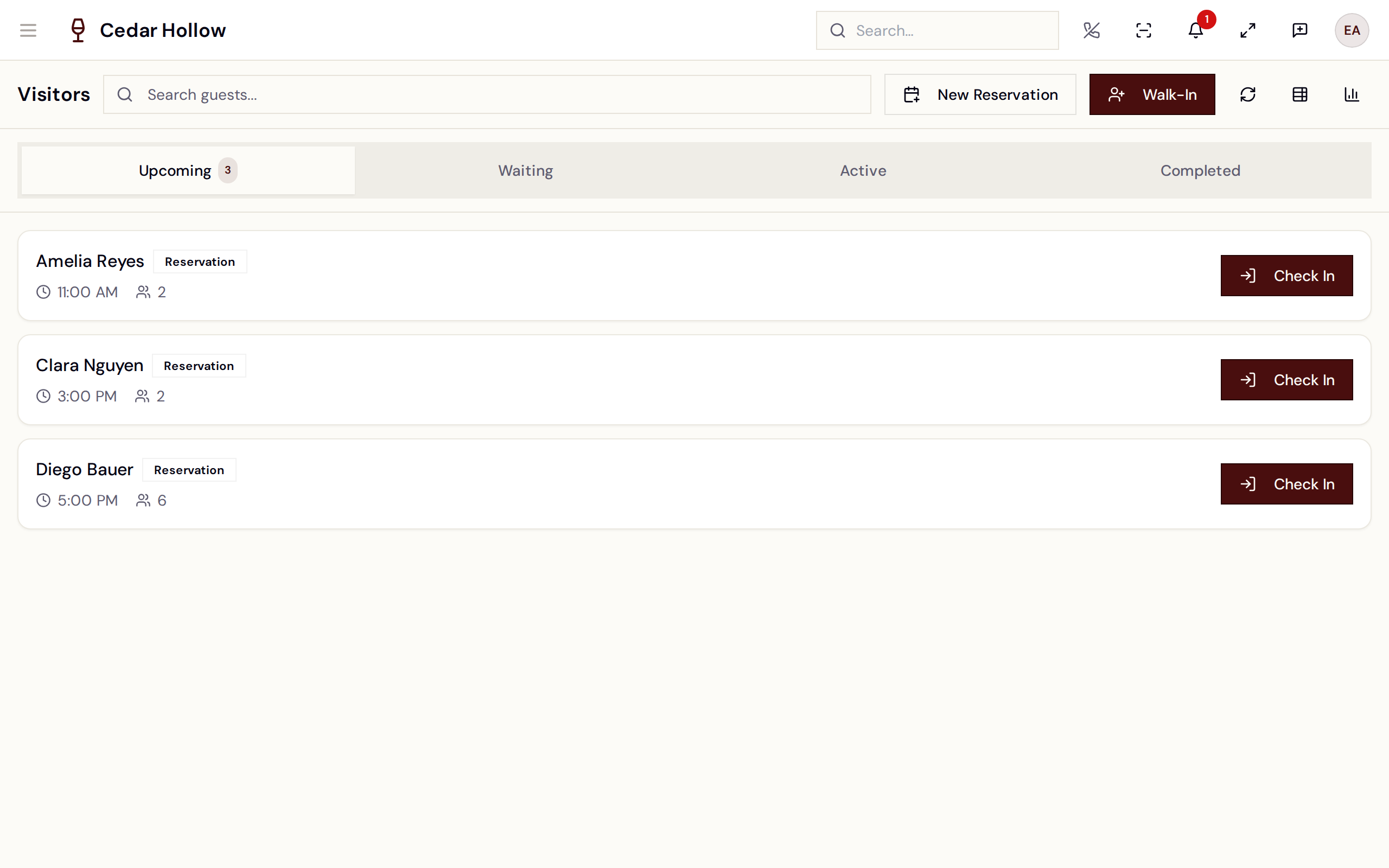 The Visitors page — walk-ins, waitlist, and everyone in the building.