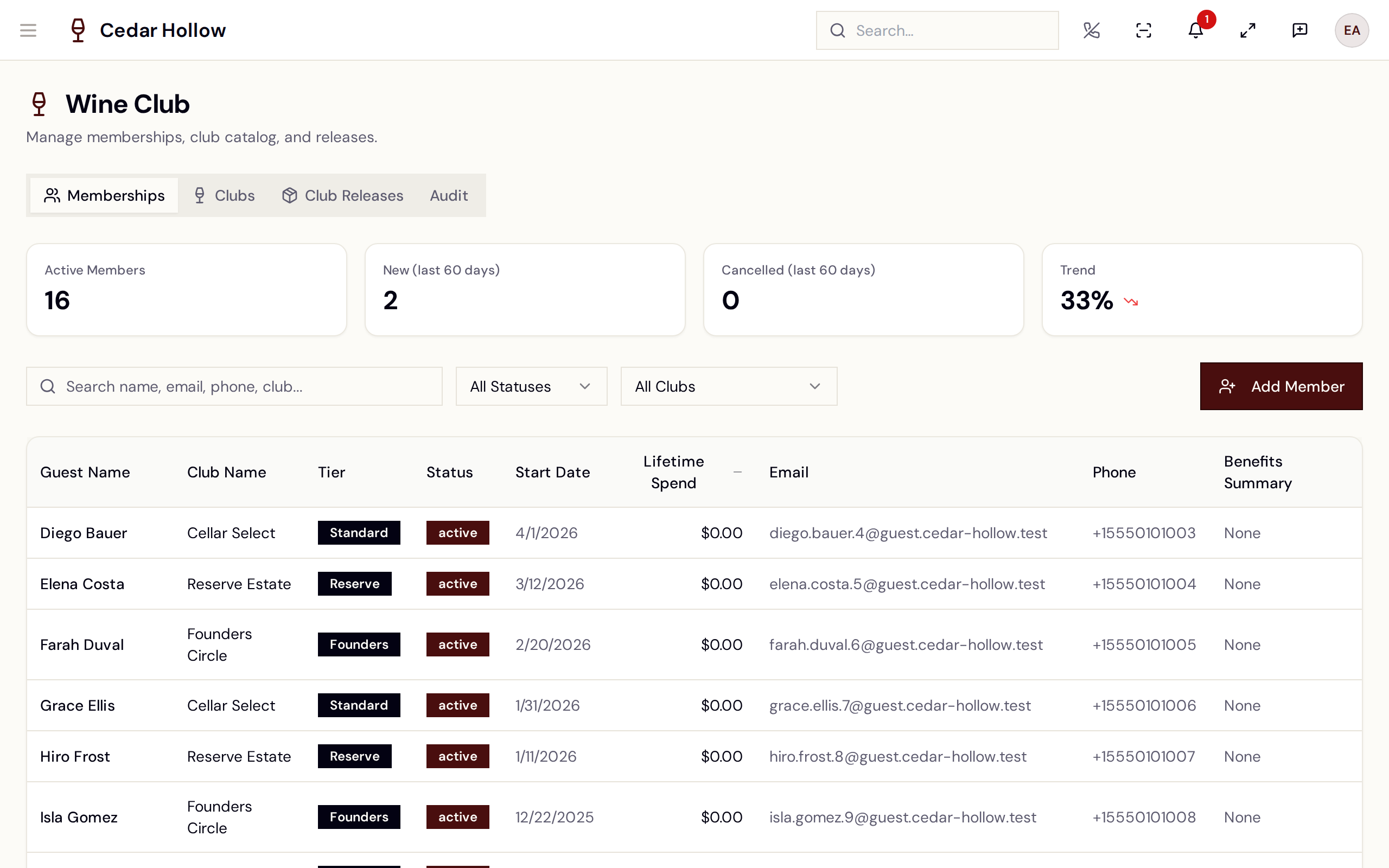 The wine club dashboard — memberships, clubs, releases, and audit.